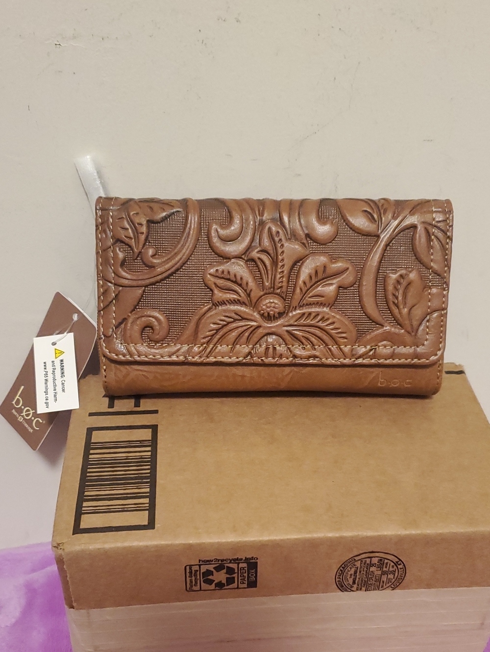 b.o.c. Embossed Floral Trifold Wallet in Tan Brown